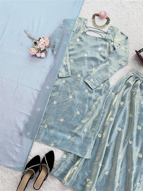 Sky Blue Designer Fandy Silk Plazo Set with Sequins Work &am