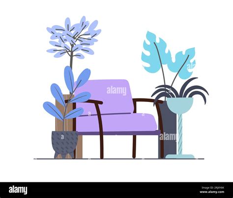A cozy soft armchair among house plants. Cool colours interior design in minimal cartoon style ...