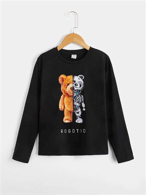 SHEIN Casual Knitted Round Neck Long Sleeve Tween Boys' Bear & Letter ...