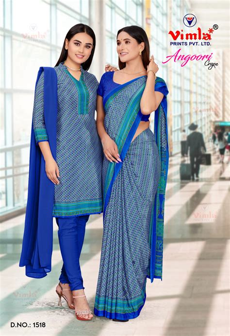 Buy Angoori Crape Fabric Blue Colour Uniform Wear Printed Saree with ...