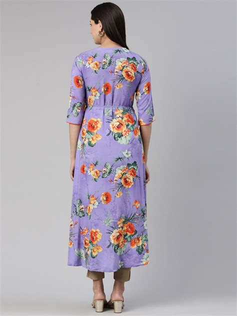 Neerus Purple Anarkali Curved Cotton Kurta – Neerus India
