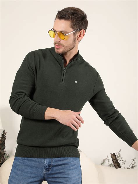 Cobb Solid Green Round Neck Half-Zipper Sweater | Casual & Stylish ...