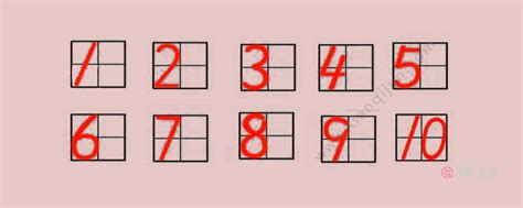 田字格数字1-9正确写法图 起笔碰左线再向上向右碰线略