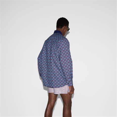 Camicia in lana e cotone vichy GG jacquard in celeste e bordeaux ...