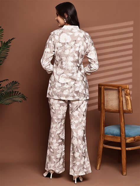 Co-Ord Set for Women - Cream Floral Printed Tunic | Claura