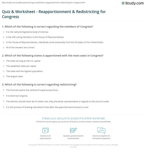 Quiz & Worksheet - Reapportionment & Redistricting for Congress | Study.com