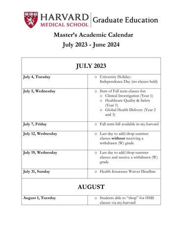 AY24 Master's Academic Calendar (2023 - 2024) by Harvard Medical School ...