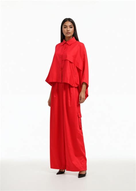 AKOK Red Cotton One shoulder Top and Trouser Co-ords