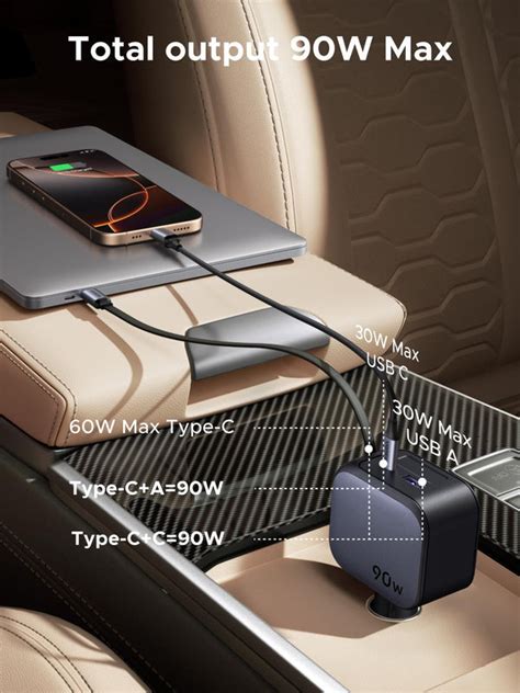 UGREEN 55909B Nexode 90W Car Charger with Retractable USB-C Cable ...
