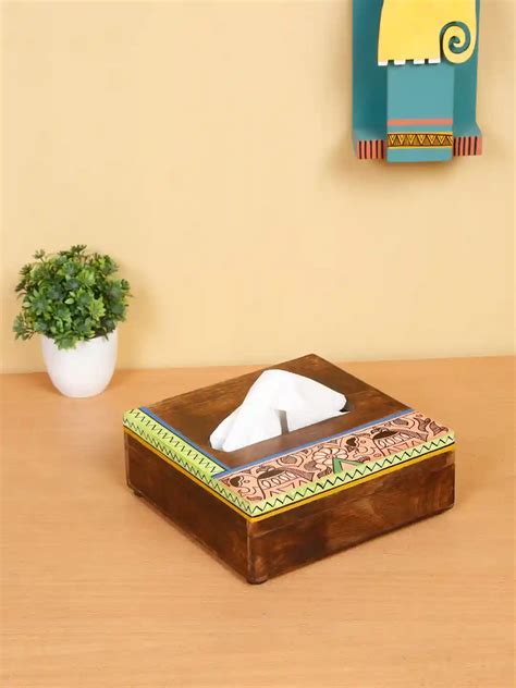 Buy Shilpkara Happy Elephant Handcrafted Madhubani Wooden Napkin Holder