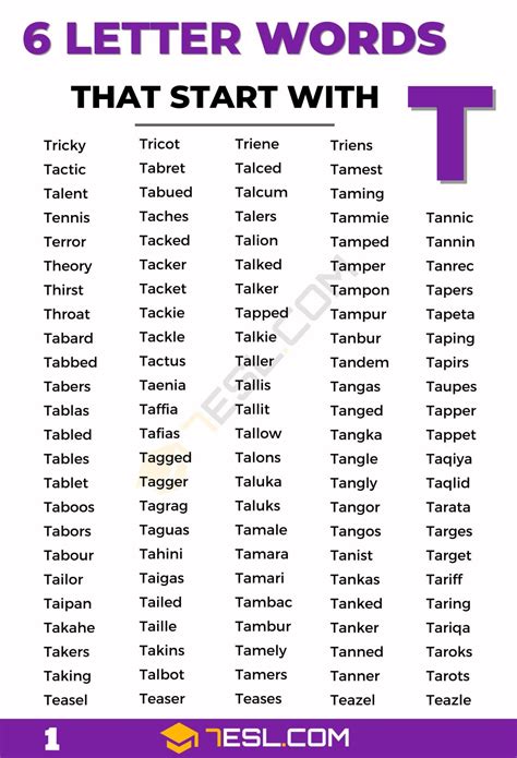 6 Letter Words Starting with T (980 Words in English) • 7ESL