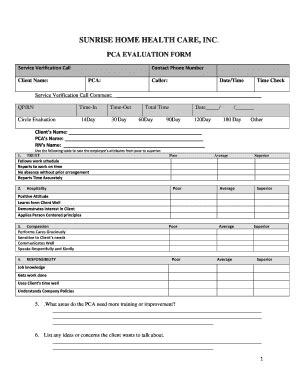 PCA EVALUATION FORM - Sunrise Home Health Care, - Fill and Sign ...