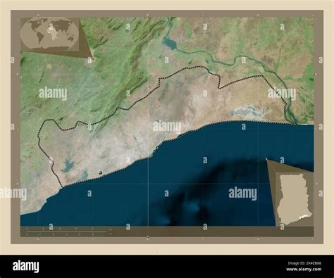 Greater Accra, region of Ghana. High resolution satellite map. Corner ...