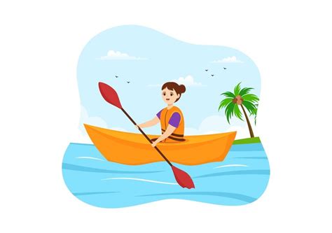 People enjoying rowing illustration with canoe on river or lake in ...