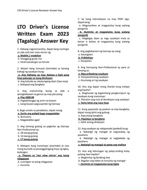 Image result for Lto Exam Answer Key Tagalog