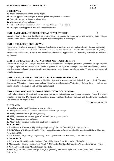 EE8701 HIGH Voltage Engineering L T P C - EE8701 HIGH VOLTAGE ...