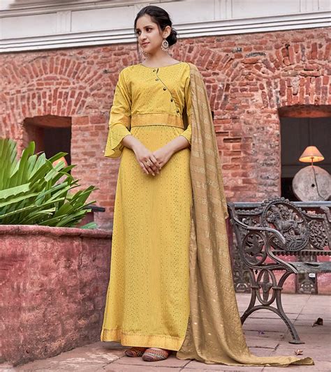 Laxmipati Muslin Luminating Yellow Flaired Length Gown With Dupatta ...