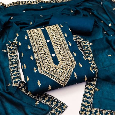 Morpich Sequins Embroidered Vichitra Silk Dress Material