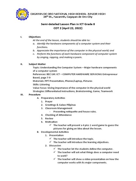 Image result for Lesson Plan for Cot Printable