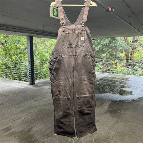 Brown carhartt overalls Size 34 but legs are cut short - Depop