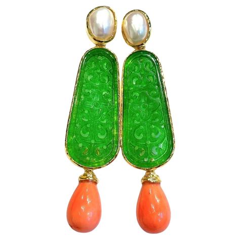 Bochic “Orient” Blue Lapis, Jade and Coral Earrings Set In 18K Gold and Silver For Sale at 1stDibs