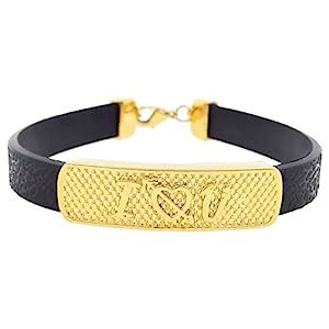 Buy Saizen BRL701 Love Gold Plated Black Leather Bracelet for Men/Boys ...