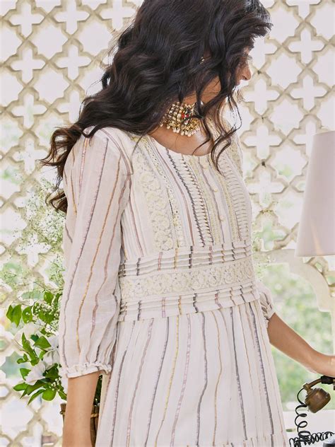 Off White Cotton Lurex Designer Tiered Dress – Savi India