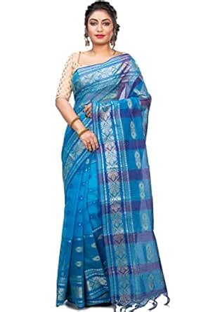 PuJoy Women Pure Cotton Raj Nandini Designing Bengal Tant Saree (Blue ...