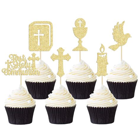 Gyufise 24Pcs First Holy Communion Cupcake Toppers Glitter Dove Cross ...