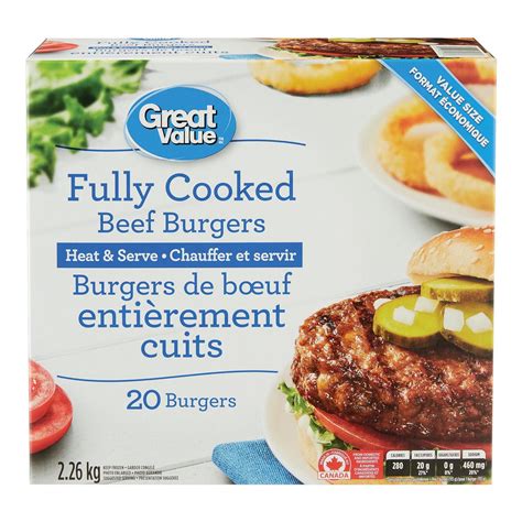 Great Value Frozen Fully Cooked Beef Burgers, 20x113g, 2.26KG - Walmart.ca