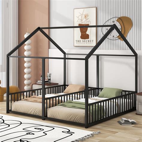 Amazon.com: Twin Floor Beds for 2 Kids, Two Twin Size Metal House Bed Frame with Rails, Double ...