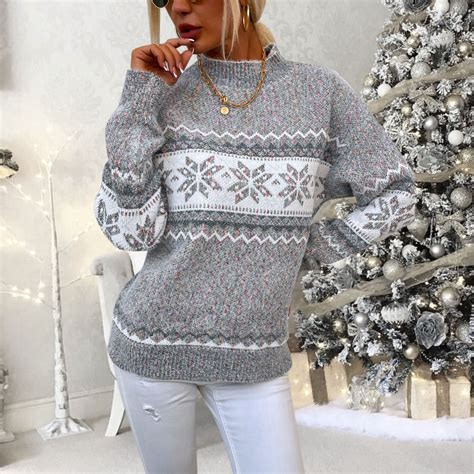 Lisingtool Women's Long Turtleneck Christmas Snowflake Sweater, Vintage ...
