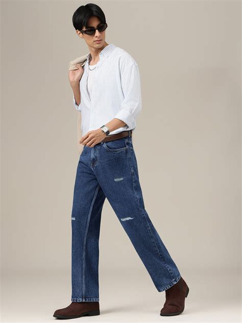 Blue Distressed Light Faded Baggy Fit Jeans For Men | Comfort Fit ...