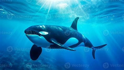 killer whale orcinus orca underwater close up looking for prey exposed to sunlight 34719560 ...