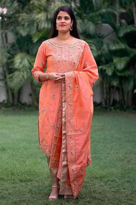 peach chanderi zardozi resham and zardozi work kurta & dupatta with pe ...