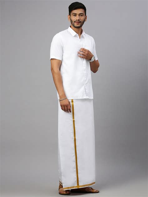Ramraj Mens Double Dhoti White with Gold Jari 1" Good Will