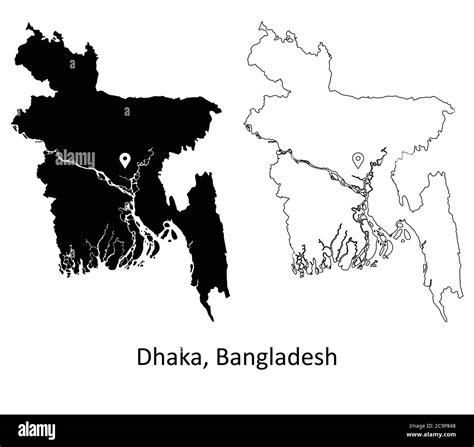 Dhaka Bangladesh. Detailed Country Map with Capital City Location Pin. Black silhouette and ...