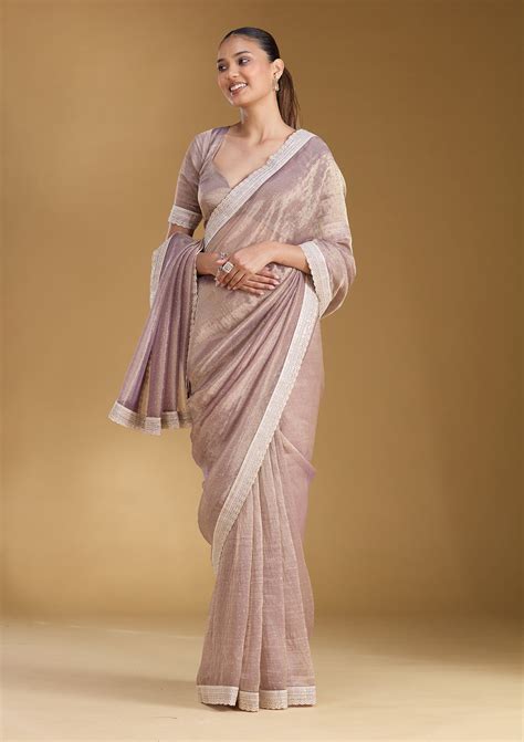 Buy Lavender Zariwork (Gold) Tissue Saree - Koskii