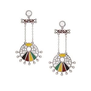 Voylla Brass Silver Oxidised Colorful Circles Long Drop Earrings for ...