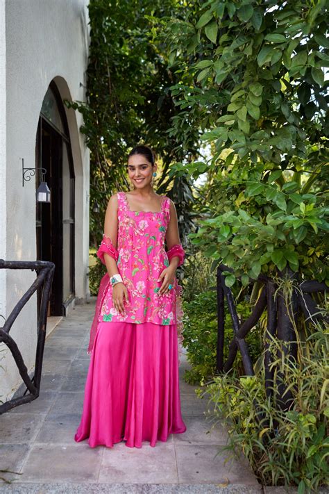 Fuchsia Pink Floral & Bird Print Kurta Sharara Set – Surabhi Arya