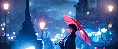 Download wallpaper 2560x1080 man, umbrella, rain, lantern, street ...