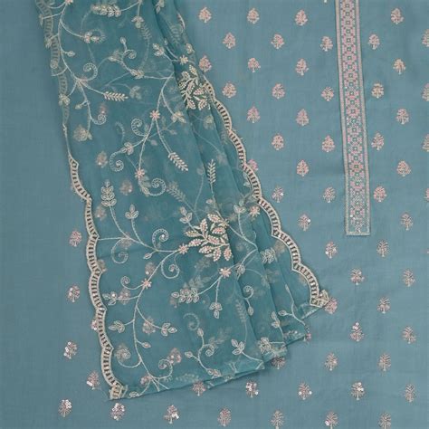 Cadet Blue Silk Unstitched Salwar Unstitched Suit – Mayurika