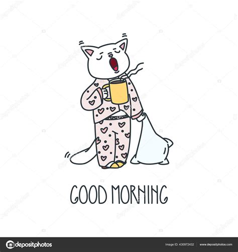 Good Morning Illustration Funny Yawning Cat Big Mug Coffee Its ⬇ Vector Image by © SlyBrowney ...