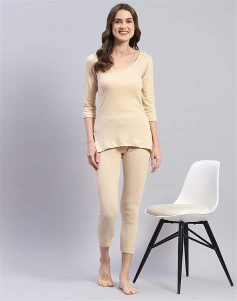 Buy Women Beige Solid Round Neck 3/4 Sleeve Thermal Vest Online in ...