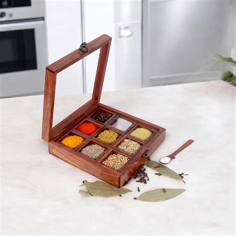 Buy Creation India Craft Wooden Spice Box with 9 Containers & Spoon ...