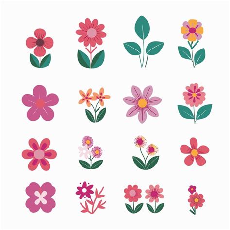 Sixteen colorful flower illustrations arranged in a grid pattern ...
