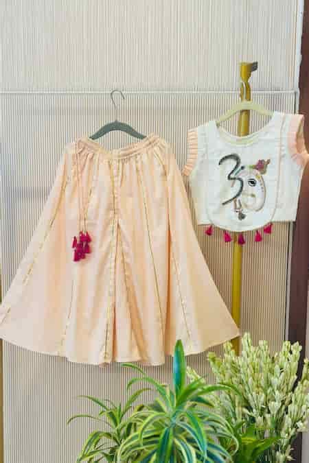 Buy Peach Tassels, Embroidery Om Ganehsa Crop Top Palazzo Set For Girls ...