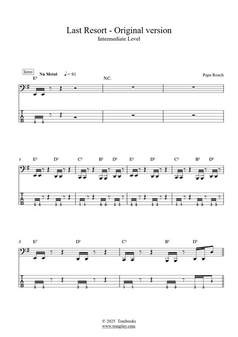 Last Resort - Original Version (Intermediate Level) (Papa Roach) - Bass ...