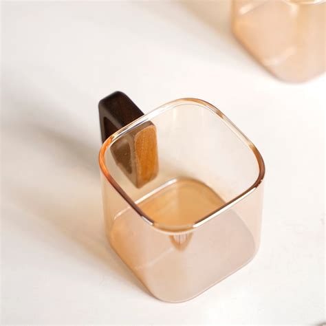 Amber Tinted Square Cups With Wooden Handle Set Of 4 200ml Online ...