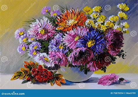 Oil Painting on Canvas - Still Life Flowers on the Table, Art Work ...